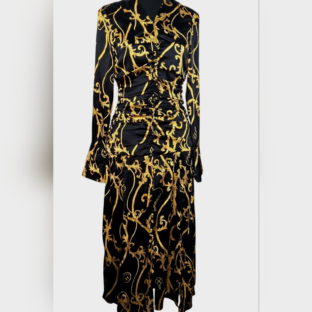 GANNI Baroque Print Silk Blend Ruched Midi Dress Black Gold EU 36 US 4 - Picture 13 of 15